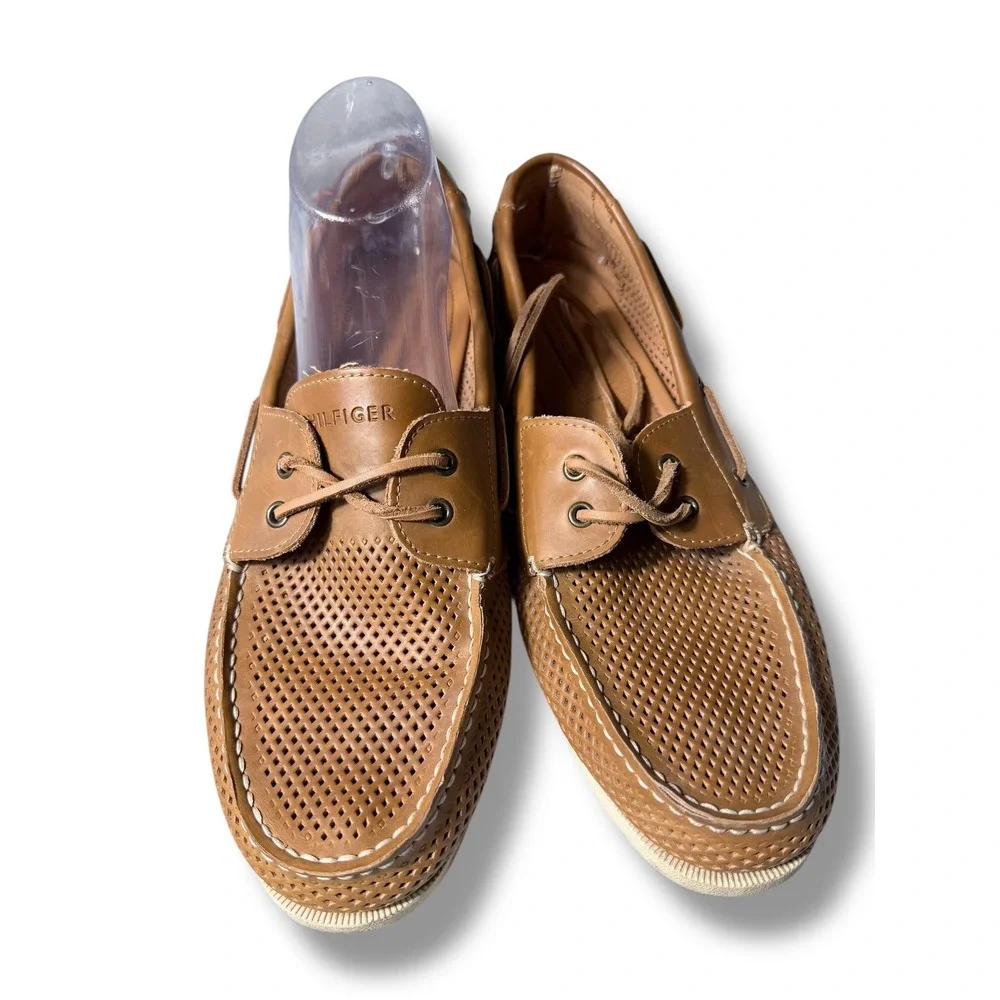 Tommy Hilfiger Mens Leather Perforated Boat Shoes Tan Size 13 BOWMAN